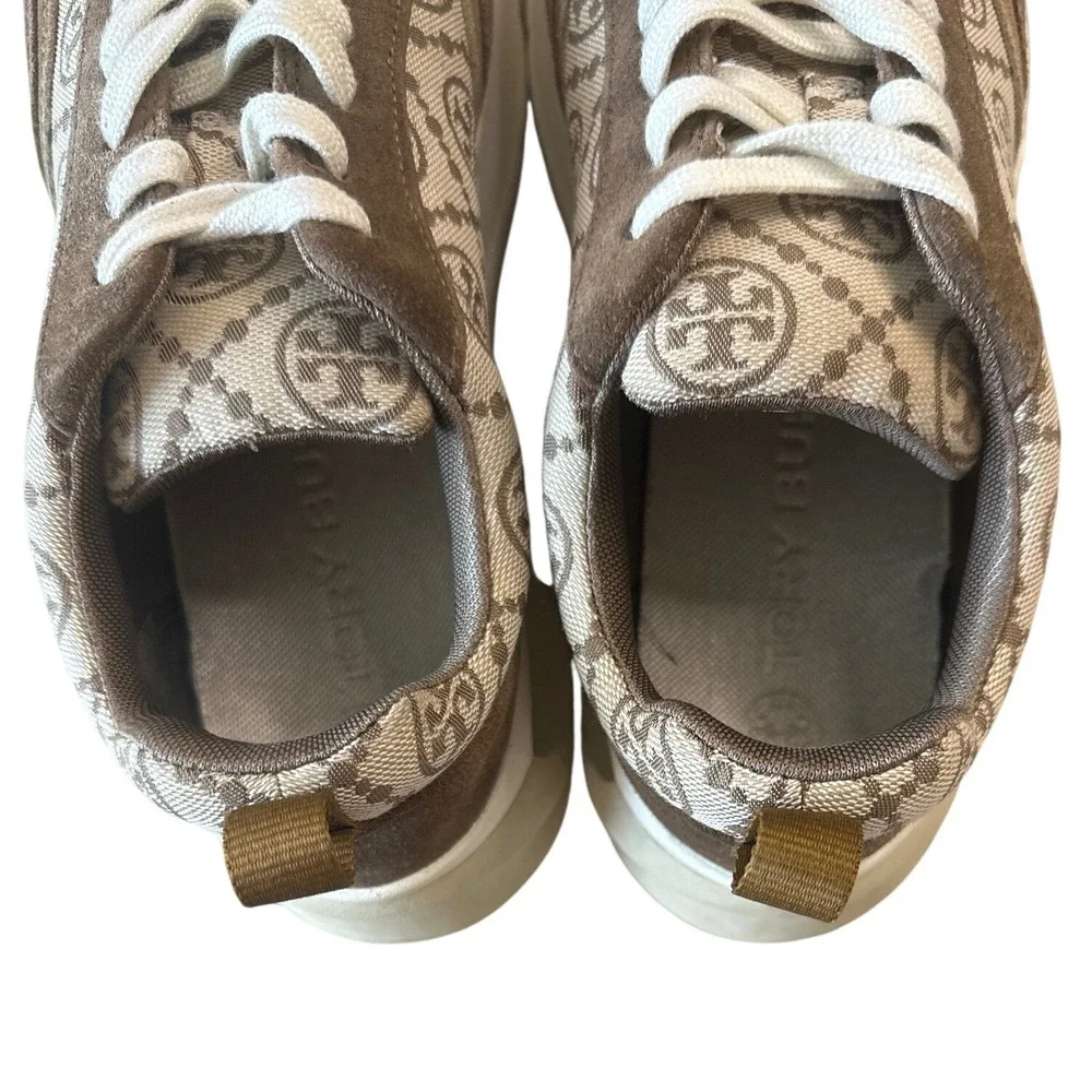 Tory Burch Good Luck T-Monogram Trainer Brown Suede Chunky Sneakers 8.5